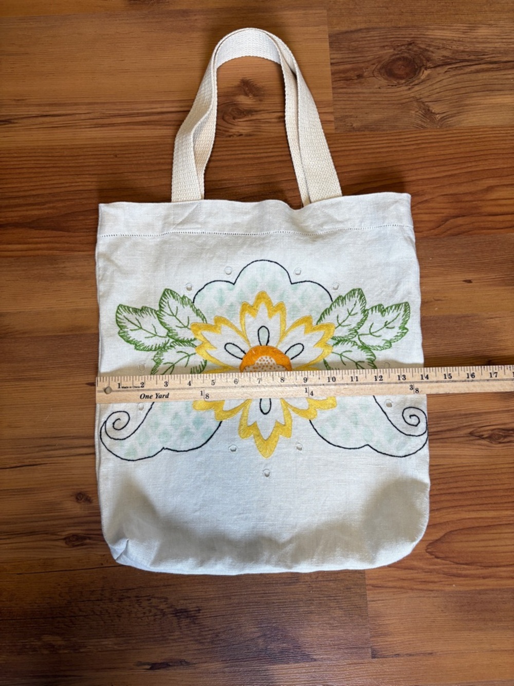 Linen Embroidered Floral Tote Bag in Cream and Yellow - Picture 6 of 10